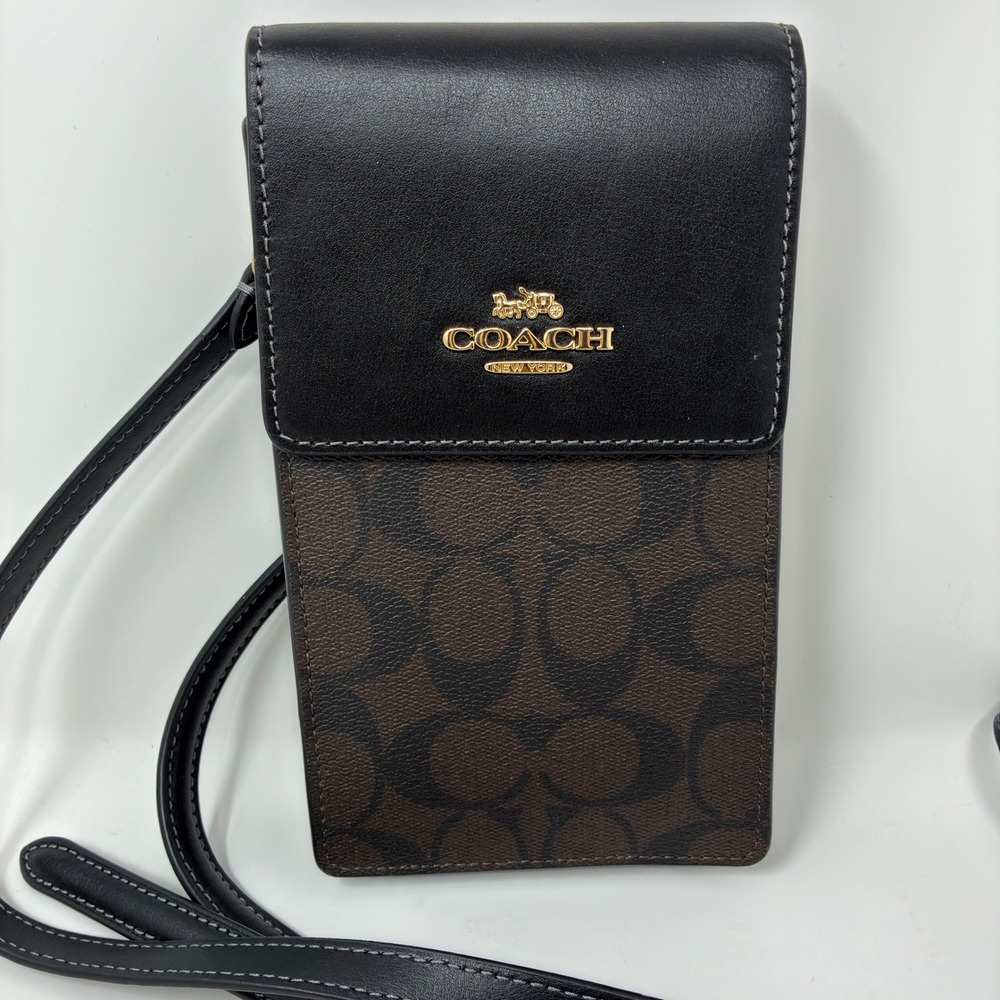 Coach Signature North South Phone Crossbody Brown Black Gold Zip Wallet
